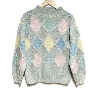 Vintage 80’s Wool Patchwork Chunky knit Pastel Sweater Womens M